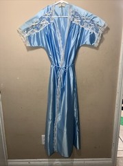 Vintage Shannon Lee Satin Peignor Robe Housecoat Sz Large Ice Blue Lace Lt Stain