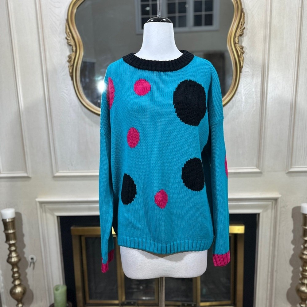 Vintage Emporio Gitano 80s 90s Oversized Polka Dot Sweater 2X Blue Black Pink