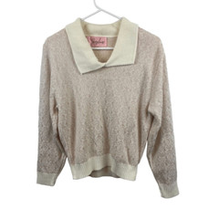 Jaclyn Smith American Vintage Pink Cream Collared Sweater Preppy Glam Size S/M