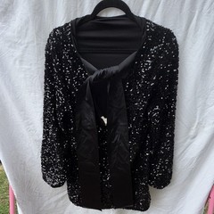 Women’s Black Sequin Open-Front Lined Mid-Length Jacket, Long Sleeve, L