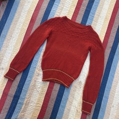 Vintage 1930s Red Wool Knit Sweater Yellow Stripe Checker Design Pull Over Top