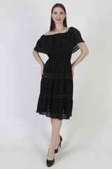 Vtg Black Cotton Mexican Dress Off The Shoulder Crochet Ethnic Fiesta Sundress