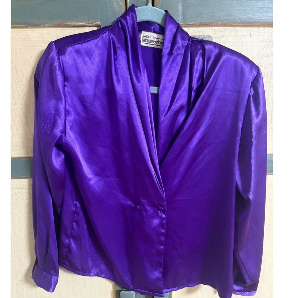 Petite Impressions Vintage Purple Satin Shawl Collar Blouse Double Breasted 80s