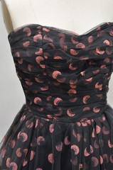 Vintage 1950s Black Tulle Party Prom Dress w/ Pink Crescent Moon Pattern XS/S