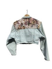 1990s, Vintage Denim Jacket Skirt Set, Cropped Tapestry Floral, YES Brand, Small