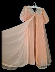 Vintage 60s SAKS FIFTH AVE Peachy PINK Sheer CHIFFON Robe NYLON Babydoll ~ M/L