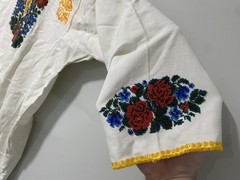 Vintage Hand Embroidered Beaded Folk Dress Robe White Floral Yellow Trim