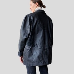 Vintage 90s Black Leather Jacket – Oversized Patchwork Coat- Size M/L