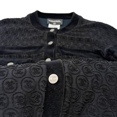 CHANEL Vintage P41364 CC Logo Button Velour Knit Cardigan Jacket #34 Black