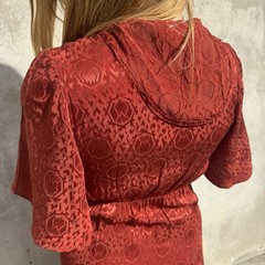 Vintage 1930s Red Deco Snakeskin Brocade Satin Rayon Dress Bonwit Teller Ruffle