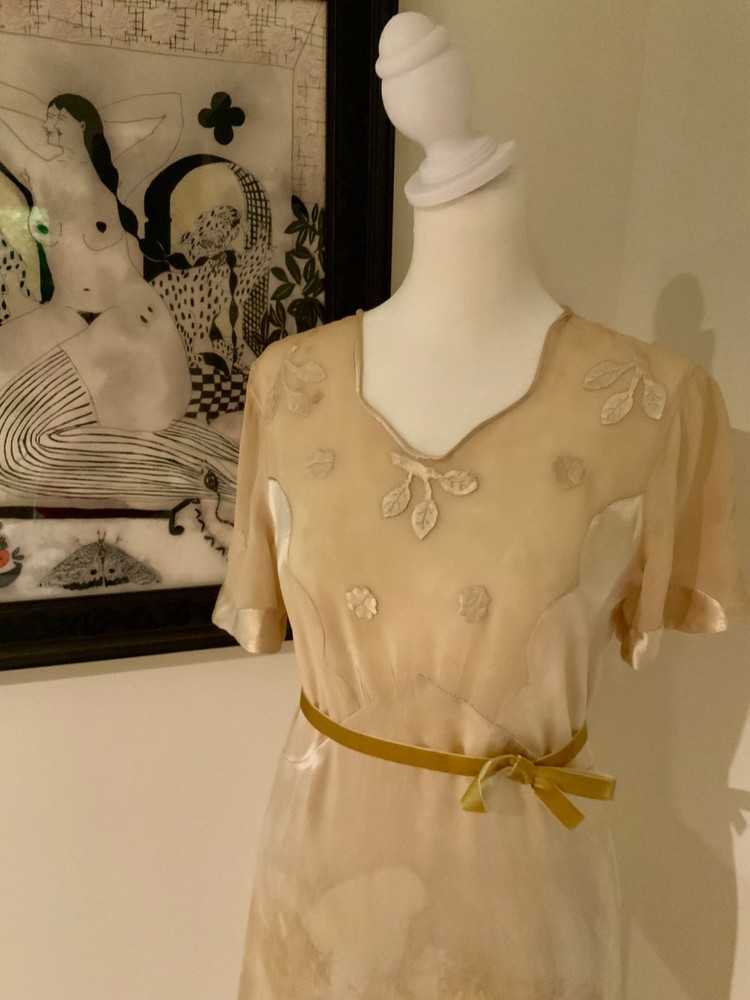 Rare 1930s Tea-Dyed Silk Hostess Gown with Original Floral Appliqué Details-30DB