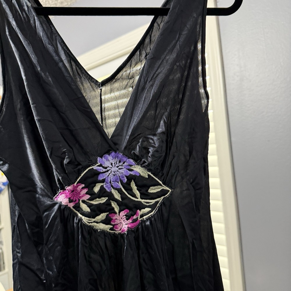 Vintage Vanity Fair Nightgown Black Maxi House Dress Plunge Neck Floral Details