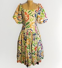 1980s Victor Costa puff sleeve graffiti floral party dress