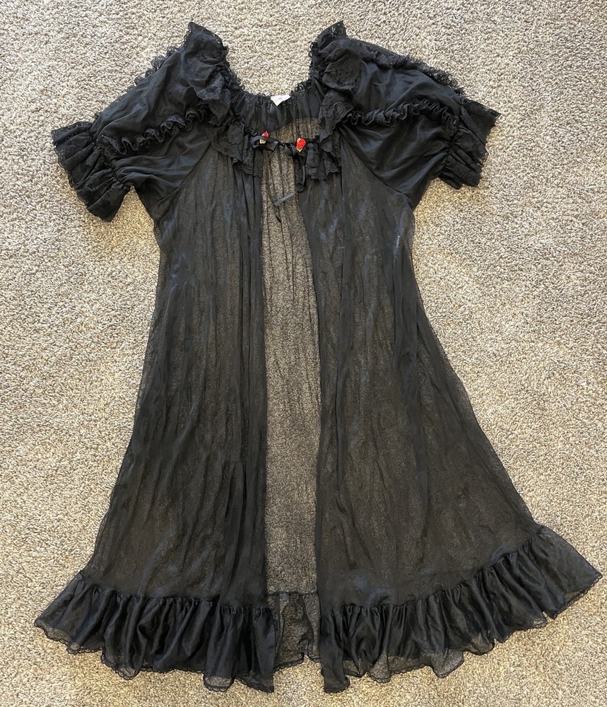90s Vintage Peignoir Black Robe Red Rosettes Coquette Dark Goth Lana Lolita