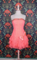Vintage Y2K Neon Coral Pink Strapless Tulle Ruffle Mini Party Sequin Bow Dress