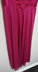 Vintage Adonna Nightgown Fuchsia Pink Silky Nylon & Lace Midi Gown Medium