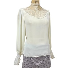 Vintage Victorian Lace Yoke Blouse High Neck Balloon Sleeve Romantic Cream Small