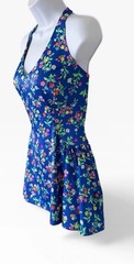 Vintage 70’s Gabar Ditsy FloralSkirted Swimsuit 12 Blue 1 Piece Made In USA