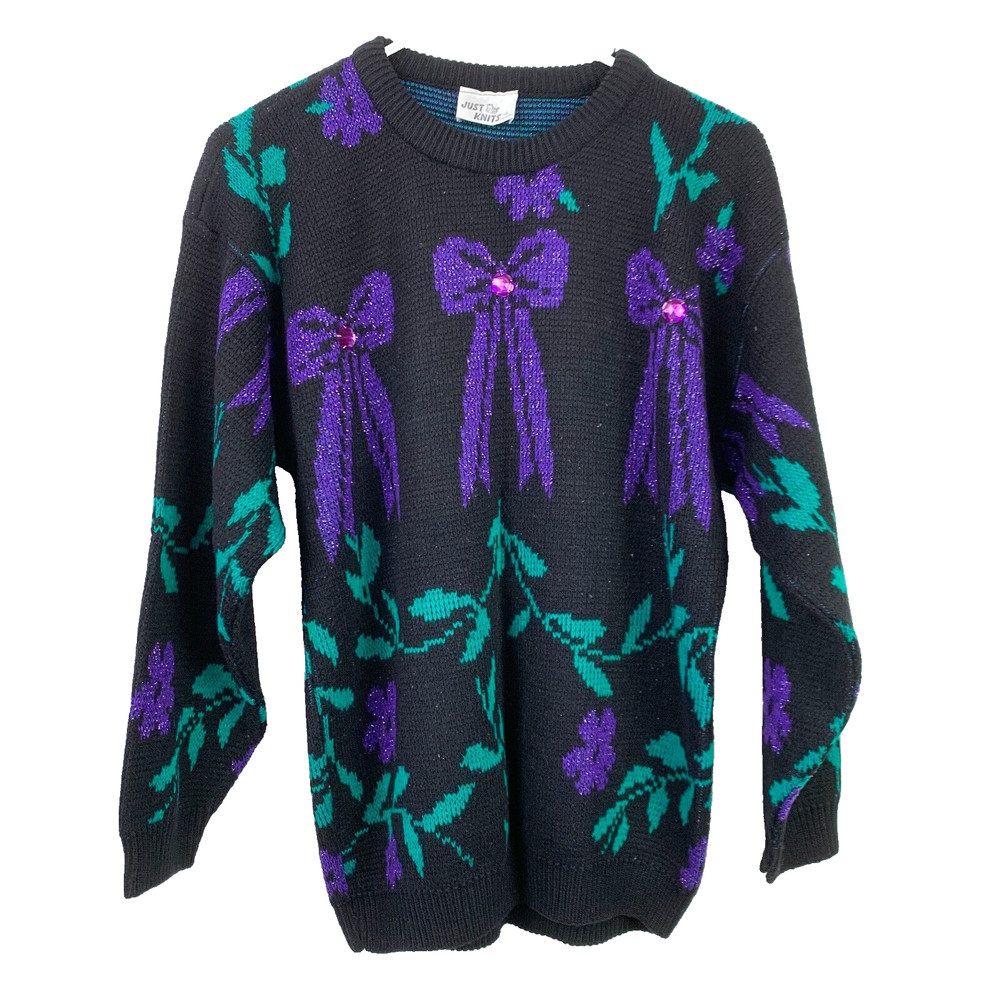 Vintage 80s Just Knits Bows Leaves Bling Cutecore Sweater Chest 42″
