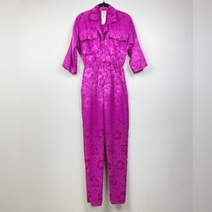 VTG 70s Sandy Sandy Women’s Small Fuchsia Pink Collared Floral Satin Jumpsuit 80