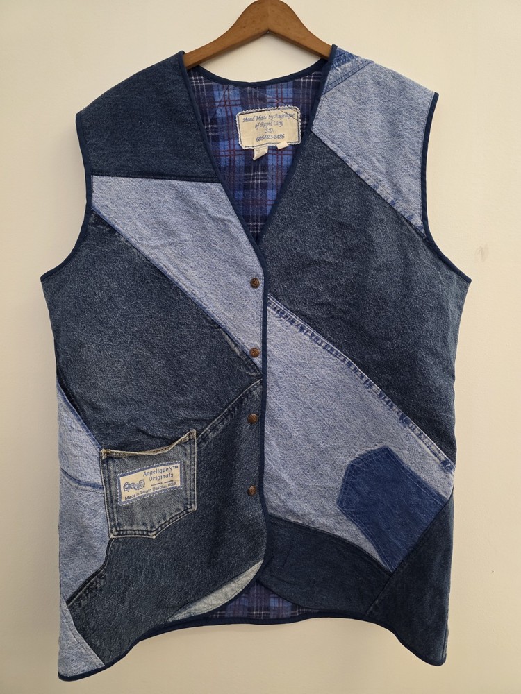 vintage 80s denim patchwork vest size 3XL handmade unisex Angelique’s Originals