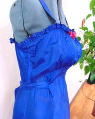 Vtg 1920-30s Royal Blue Satin Taffeta Dress Slip Nightgown w/Shelf Bust