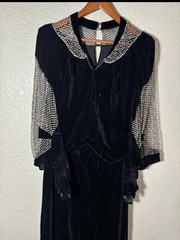 1930’s Silk Velvet Metal Set Rhinestone Dress Full Sleeves Size S