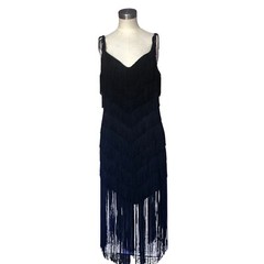 1980S BLACK FRINGED FLAPPER DRESS ROARING 20S LOOK WOMENS TD4 Size 7/8