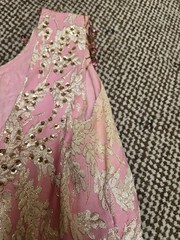 Vintage Formal Beaded Dress PINK Rose Gold Lurex Brocade Long Party 60s sz XS