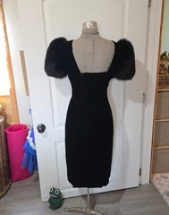 Vintage 1980s Victor Costa Black Velvet Dress with Mink Puff Sleeves, Size 6?
