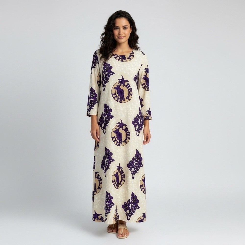 Bula Fiji Vintage Handmade Womens Tan Purple Floral Housecoat Style Tunic Dress