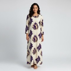 Bula Fiji Vintage Handmade Womens Tan Purple Floral Housecoat Style Tunic Dress
