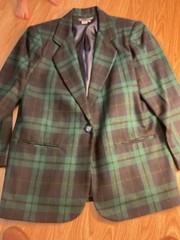 Vintage *Savannah* Blazer WOOL 12P Padded Shoulders BlueGreen Plaid