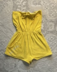 Vintage 1970’s Bright Yellow Strapless Terry Cloth Romper Hug Gently On Pocket
