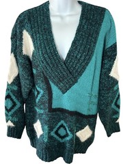 Vtg 80’s 90’s SUSAN D Sweater Size MEDIUM Teal Geo Abstract Chunky Knit V Neck