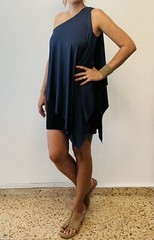 90s Vintage Boutique One shoulder asymmetric Navy Blue Long Blouse Top Dress M