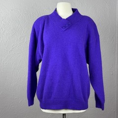 Vintage 80s purple angora lambswool sweater asymmetrical button neck large or XL
