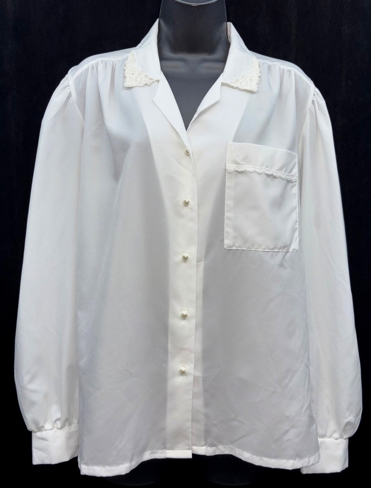 VTG JONQUIL by JUDY BOND Size 14 Button Up Lace Detail Neckline Blouse Ivory