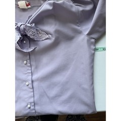 Vintage Laura Mae Blouse Womens L Lavender Ruffle Bow Neck Tie Lace Puff Sleeve
