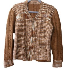 Vintage Handmade 70s Brown Plaid Chunky Knit Zip Cardigan Sweater LG