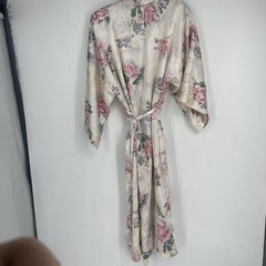 Vintage 90s Adonna Satin Robe Floral White Pink Romantic Belt Large