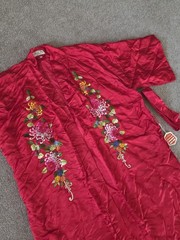 Vintage Golden Bee Red Silk Embroidered Flower Chinese Robe Kimono Festival Boho