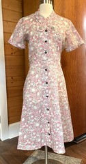 Vintage 1950s nylon dress, shirt waist red white black paisley floral B 40