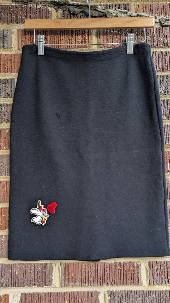 Prada Vintage Y2K Dark Blue Knit Skirt-Custom Unicorn/Heart Patch-Sz 44/US 8