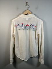 VTG 1970s Scenic Floral Embroidered White Gauze Cotton Button Up Womens Sz L