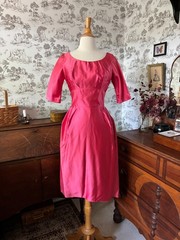 Vintage 60s Harry Keiser Bright Pink Evening Dress: Rosette Back, Bullet Bra
