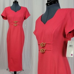 Vintage Scarlett Coral Sheath Dress with Decorative Gold Accents Size 7/8
