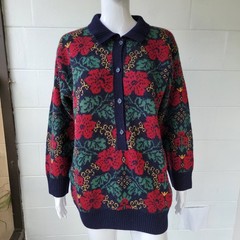Vintage 80s Carol Horn Knitware Sweater Navy-Blue Red Floral Size S Wool Retro