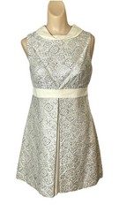 Vtg 60s Silver Metallic Brocade Sheath Empire Waist Dress Sz 11 Mini Midcentury