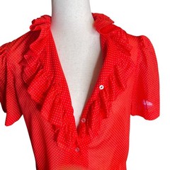 VTG NaMa CA Blouse Sheer M Red Polka Dot Ruffle Pinup Rockabilly Americana Retro